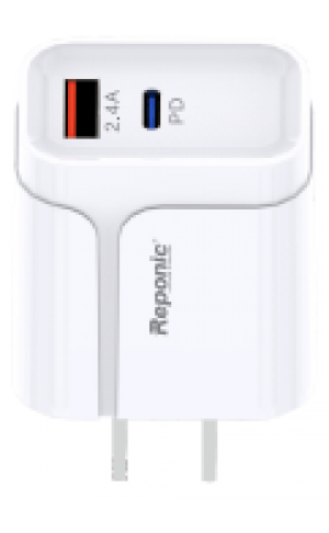 Universal Dual Port Fast Charging USB- USB C Home Wall Charger  - Wholesale Pkg. Reponic: RP-HC343PD