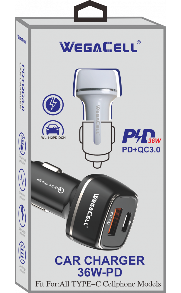 Universal Dual Port Fast Charging USB C-USB Car Charger. Wholesale Pkg. WegaCell: WL-112PD-DCH