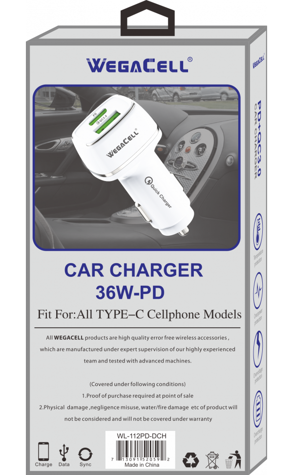 Universal Dual Port Fast Charging USB C-USB Car Charger. Wholesale Pkg. WegaCell: WL-112PD-DCH