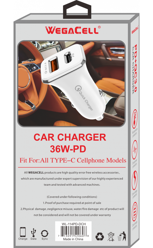 Universal Dual Port Extra-long Fast Charging USB C-USB Car Charger. Wholesale Pkg. WegaCell: WL-114PD-DCH