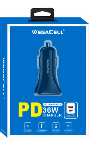 Universal Dual Port Extra-long Fast Charging USB C-USB Car Charger. Wholesale Pkg. WegaCell: WL-134PD-DCH