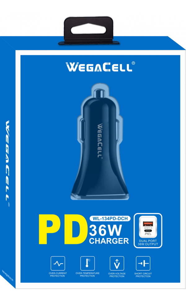 Universal Dual Port Extra-long Fast Charging USB C-USB Car Charger. Wholesale Pkg. WegaCell: WL-134PD-DCH