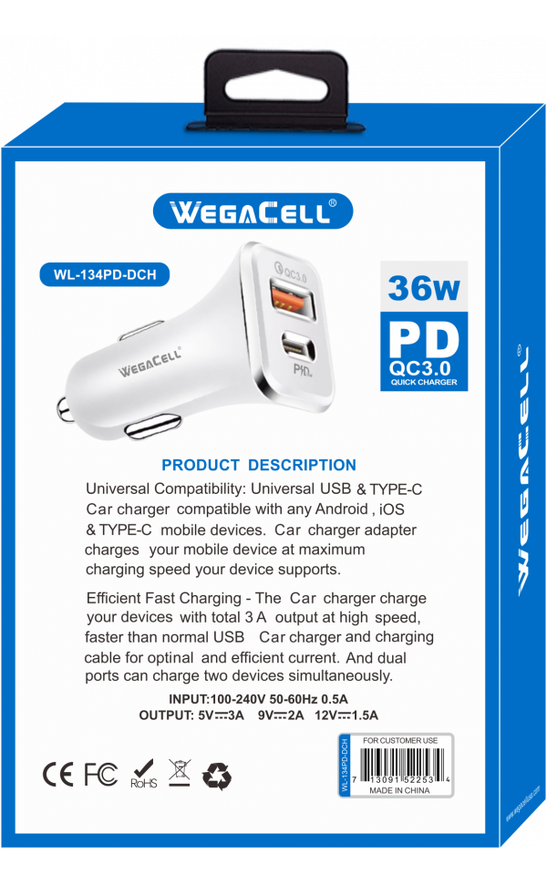 Universal Dual Port Extra-long Fast Charging USB C-USB Car Charger. Wholesale Pkg. WegaCell: WL-134PD-DCH