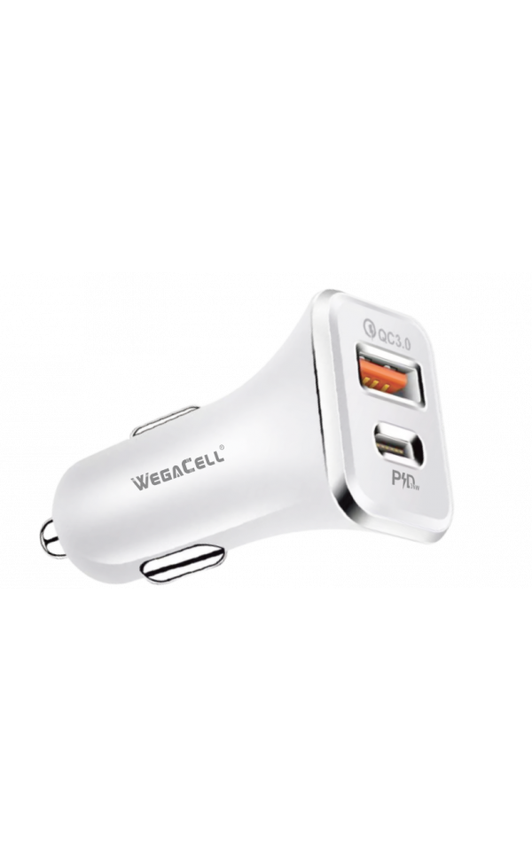 Universal Dual Port Extra-long Fast Charging USB C-USB Car Charger. Wholesale Pkg. WegaCell: WL-134PD-DCH