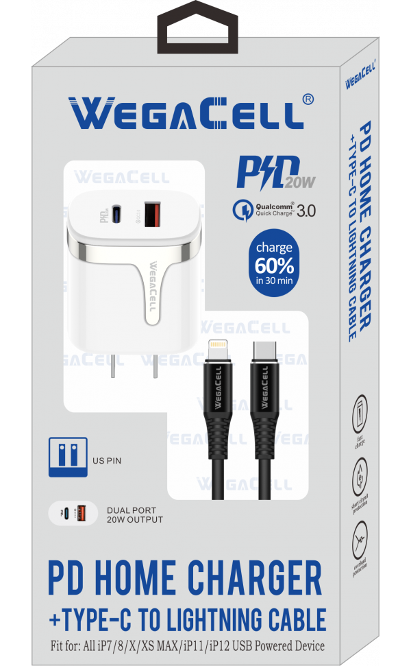 Apple Compatible Combo of Universal Dual Port Fast Charging USB C-USB Home Wall PD Charger and Lightning-USB Type C Cable - Wholesale Pkg. WegaCell: WL-1605IPD-HC