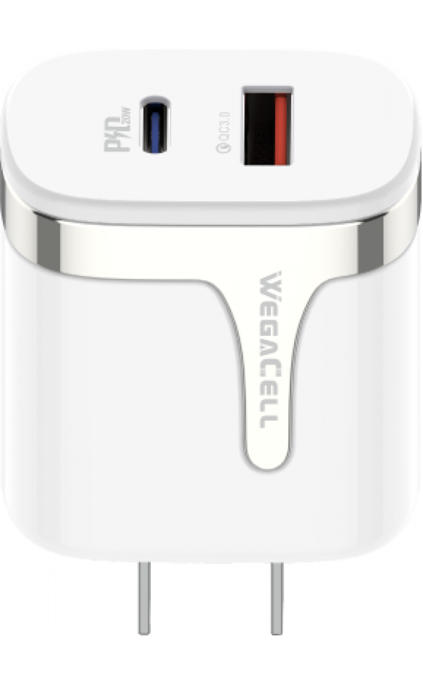 Apple Compatible Combo of Universal Dual Port Fast Charging USB C-USB Home Wall PD Charger and Lightning-USB Type C Cable - Wholesale Pkg. WegaCell: WL-1605IPD-HC