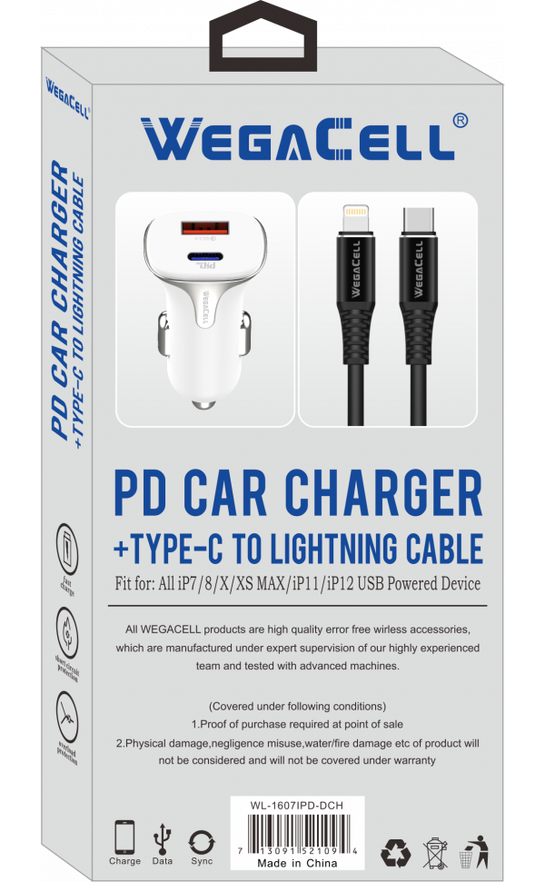 Apple Compatible Combo of Universal Dual Port Fast Charging USB C-USB Car PD Charger and Lightning-USB Type C Cable - Wholesale Pkg. WegaCell: WL-1607IPD-DCH