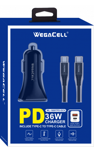 Android Compatible Combo of Universal Dual Port Fast Charging USB C-USB Car PD Charger and USB Type C-USB Type C Cable - Wholesale Pkg. WegaCell: WL-1609TPD-DCH