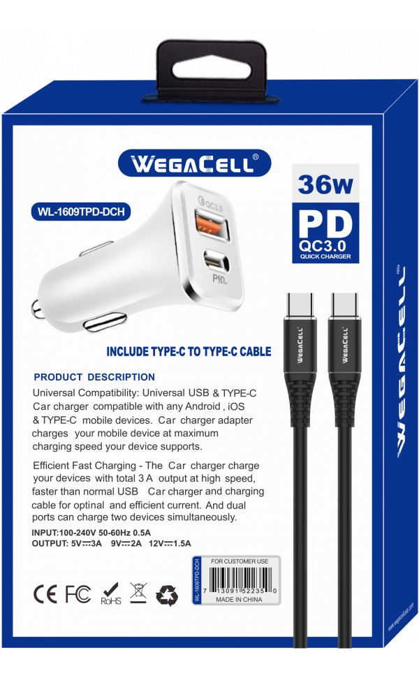 Android Compatible Combo of Universal Dual Port Fast Charging USB C-USB Car PD Charger and USB Type C-USB Type C Cable - Wholesale Pkg. WegaCell: WL-1609TPD-DCH