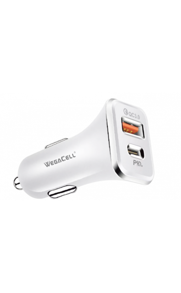 Android Compatible Combo of Universal Dual Port Fast Charging USB C-USB Car PD Charger and USB Type C-USB Type C Cable - Wholesale Pkg. WegaCell: WL-1609TPD-DCH