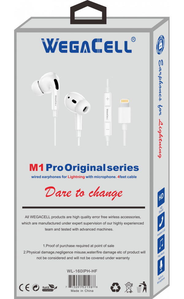 Apple Compatible In-Ear Stereo Earphone Noise Isolating Heavy Bass - Wholesale Pkg. WegaCell: WL-160IPH-HF