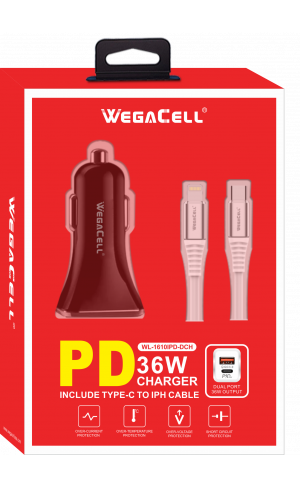 Apple Compatible Combo of Universal Dual Port Fast Charging USB C-USB Car PD Charger and Lightning-USB Type C Cable - Wholesale Pkg. WegaCell: WL-1610IPD-DCH