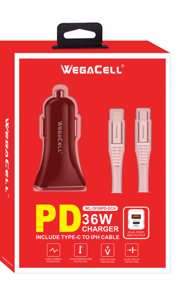 Apple Compatible Combo of Universal Dual Port Fast Charging USB C-USB Car PD Charger and Lightning-USB Type C Cable - Wholesale Pkg. WegaCell: WL-1610IPD-DCH