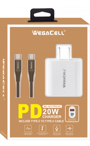 Android Compatible Combo of Universal Dual Port Fast Charging USB C-USB Home Wall PD Charger and USB Type C-USB Type C Cable - Wholesale Pkg. WegaCell: WL-1611TPD-HC