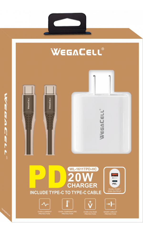 Android Compatible Combo of Universal Dual Port Fast Charging USB C-USB Home Wall PD Charger and USB Type C-USB Type C Cable - Wholesale Pkg. WegaCell: WL-1611TPD-HC