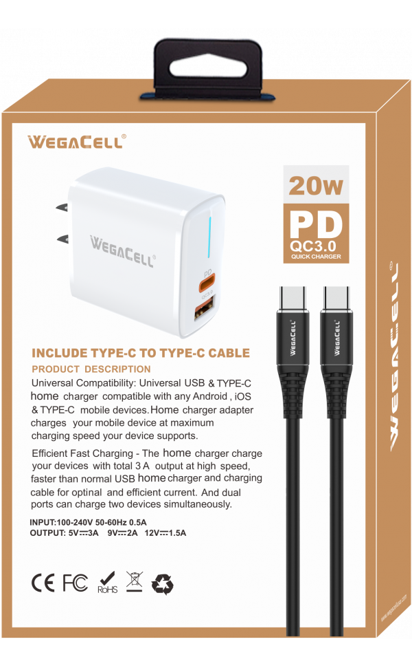 Android Compatible Combo of Universal Dual Port Fast Charging USB C-USB Home Wall PD Charger and USB Type C-USB Type C Cable - Wholesale Pkg. WegaCell: WL-1611TPD-HC