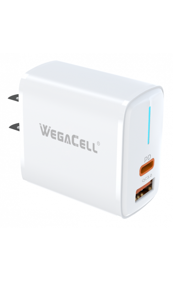 Android Compatible Combo of Universal Dual Port Fast Charging USB C-USB Home Wall PD Charger and USB Type C-USB Type C Cable - Wholesale Pkg. WegaCell: WL-1611TPD-HC