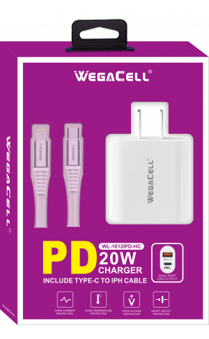 Apple Compatible Combo of Universal Dual Port Fast Charging USB C-USB Home Wall PD Charger and Lightning-USB Type C Cable - Wholesale Pkg. WegaCell: WL-1612IPD-HC