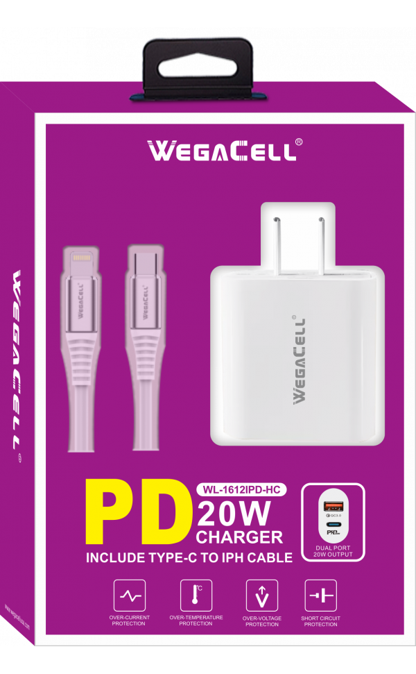 Apple Compatible Combo of Universal Dual Port Fast Charging USB C-USB Home Wall PD Charger and Lightning-USB Type C Cable - Wholesale Pkg. WegaCell: WL-1612IPD-HC