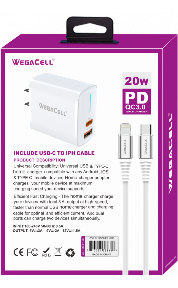 Apple Compatible Combo of Universal Dual Port Fast Charging USB C-USB Home Wall PD Charger and Lightning-USB Type C Cable - Wholesale Pkg. WegaCell: WL-1612IPD-HC