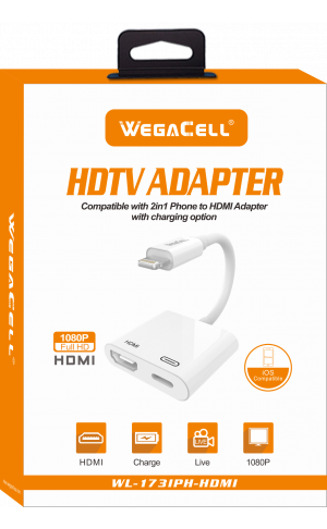2-in-1 PD Charger and iPhone compatible HDMI Digital Av OTG Adapter to sync 1080p HDTV Video & Audio- Wholesale Pkg. WegaCell: WL-173IPH-HDMI