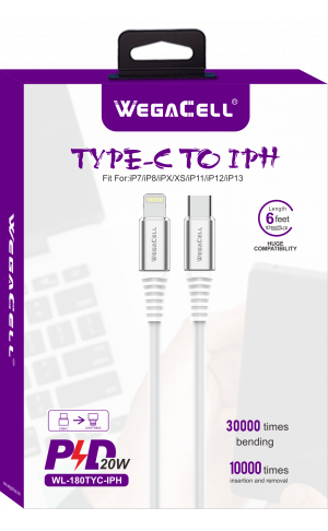Apple Compatible iPH USB C-Lightning TPE Data Cable - Wholesale Pkg. WegaCell: WL-180TYC-IPH