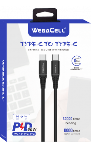Android Type C USB -Type C Fast Charging 6 Ft TPE Data Cable - Wholesale Pkg. WegaCell:WL-181TYC-TYC