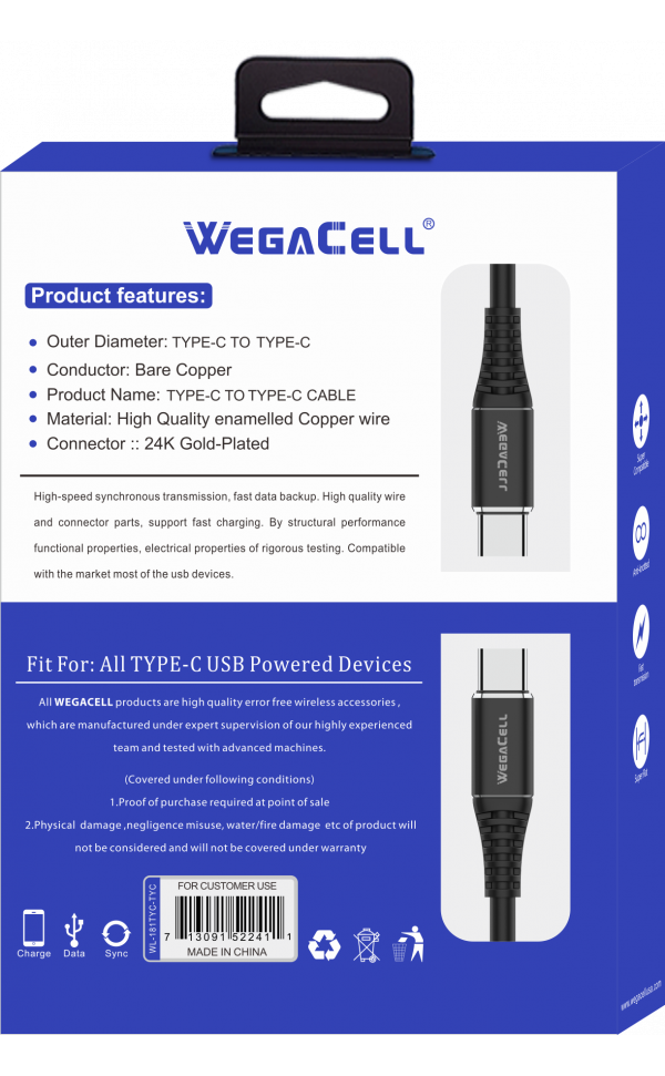 Android Type C USB -Type C Fast Charging 6 Ft TPE Data Cable - Wholesale Pkg. WegaCell:WL-181TYC-TYC