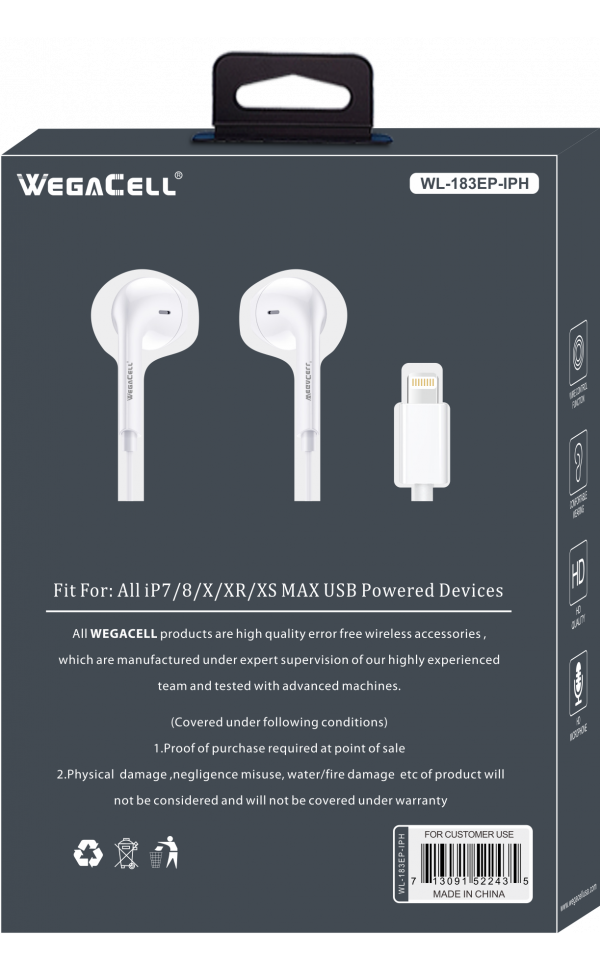 Apple Compatible In-Ear Stereo Earphone Noise Isolating Heavy Bass - Wholesale Pkg. WegaCell: WL-183EP-IPH