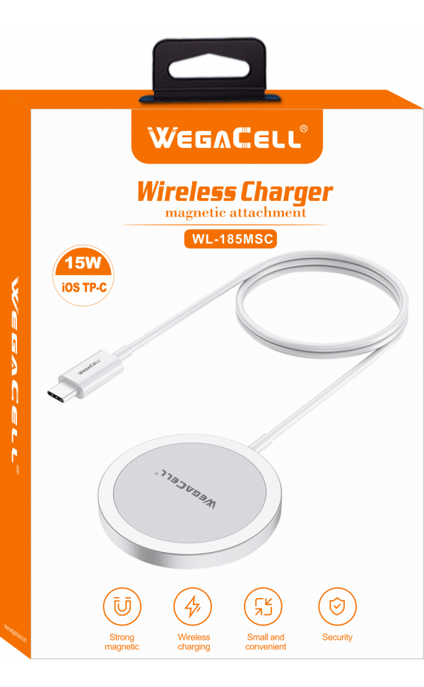 Magnetic Wireless Charger with USB Type C compatible with Apple iPhones and Android Phones  - Wholesale Pkg.WegaCell: WL-185MSC