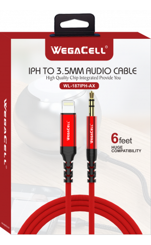 Lightning to 3.5 mm Aux cable for HiFi Stereo Sound in Car, Speakers, and Headphones - Wholesale Pkg. WegaCell: WL-187IPH-AX