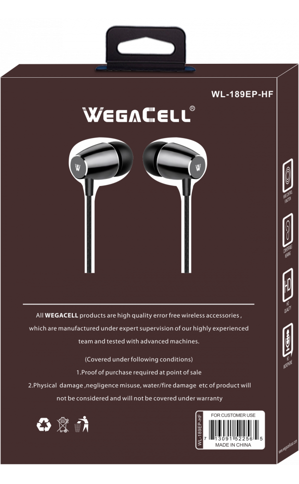 In-Ear Stereo Earphone Noise Isolating Heavy Bass - Wholesale Pkg. WegaCell: WL-189EP-HF