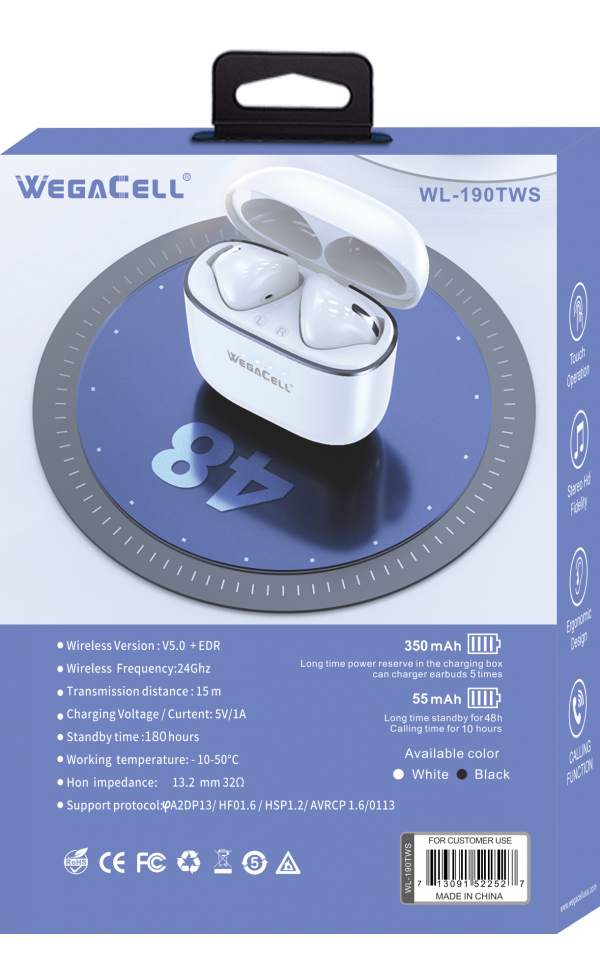 Bluetooth 5.0 TWS HD Wireless Earbuds - Wholesale Pkg. WegaCell: WL-190TWS