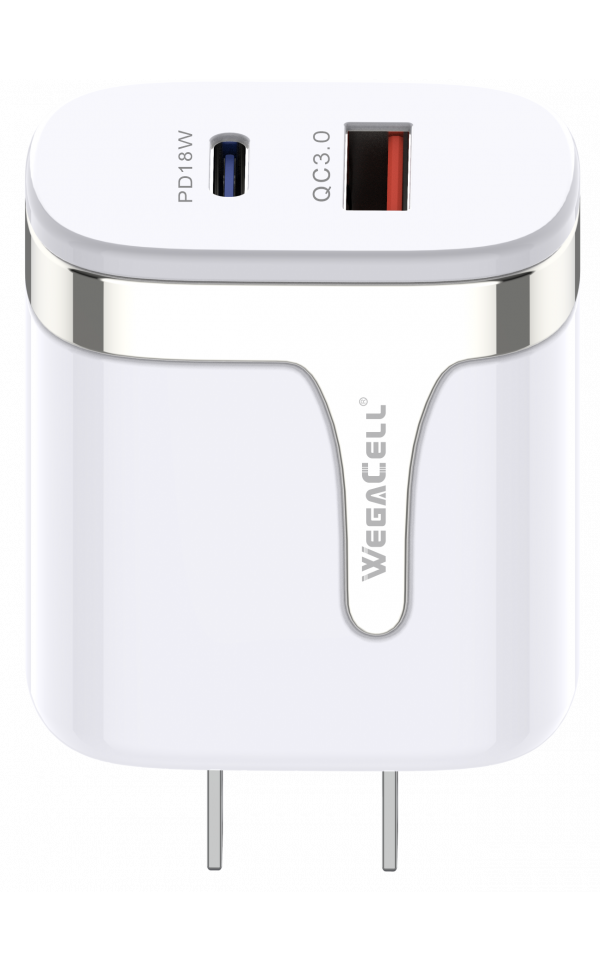 Universal Dual Port Fast Charging USB C-USB Home Wall Charger  - Wholesale Pkg.WegaCell: WL-63PD-HC