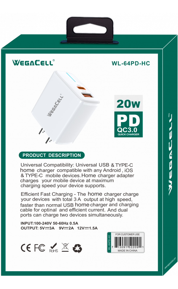 Universal Dual Port Fast Charging USB C-USB Home Wall Charger  - Wholesale Pkg.WegaCell: WL-64PD-HC