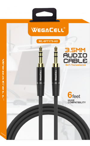 HiFi Stereo Sound Braided 6 Ft - Aux Cable - Wholesale Pkg. WegaCell: WL-6FT179-AX