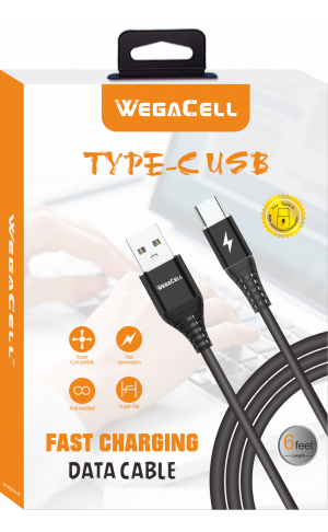 Android Type C USB Fast Charging 6 Ft TPE Data Cable - Wholesale Pkg. WegaCell: WL-6FTCBL177-TYC