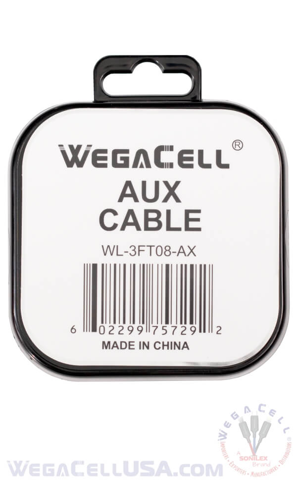HiFi Stereo Sound Braided 3 Ft - Aux Cable - Wholesale Pkg. WegaCell: WL-3FT08-AX
