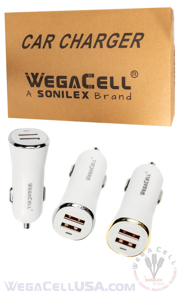 Universal Dual Port Fast Charging USB - Car Charger - Wholesale Pkg. WegaCell: WL-2USB49-DCH