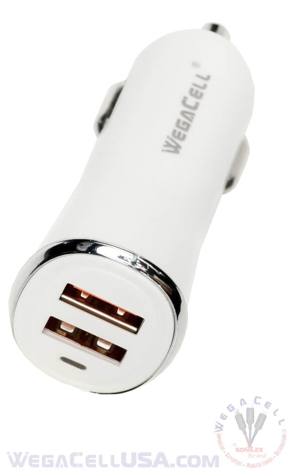 Universal Dual Port Fast Charging USB - Car Charger - Wholesale Pkg. WegaCell: WL-2USB49-DCH