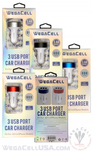 Universal Dual Port Fast Charging USB - Car Charger - Wholesale Pkg. WegaCell: WL-3USB47-DCH
