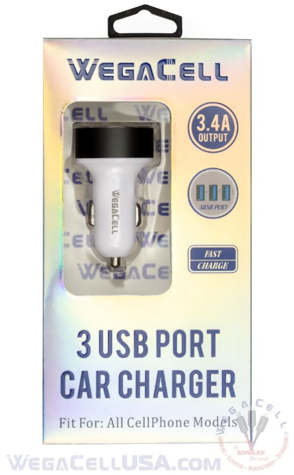 Universal Dual Port Fast Charging USB - Car Charger - Wholesale Pkg. WegaCell: WL-3USB47-DCH