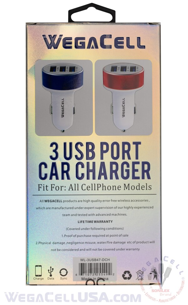 Universal Dual Port Fast Charging USB - Car Charger - Wholesale Pkg. WegaCell: WL-3USB47-DCH