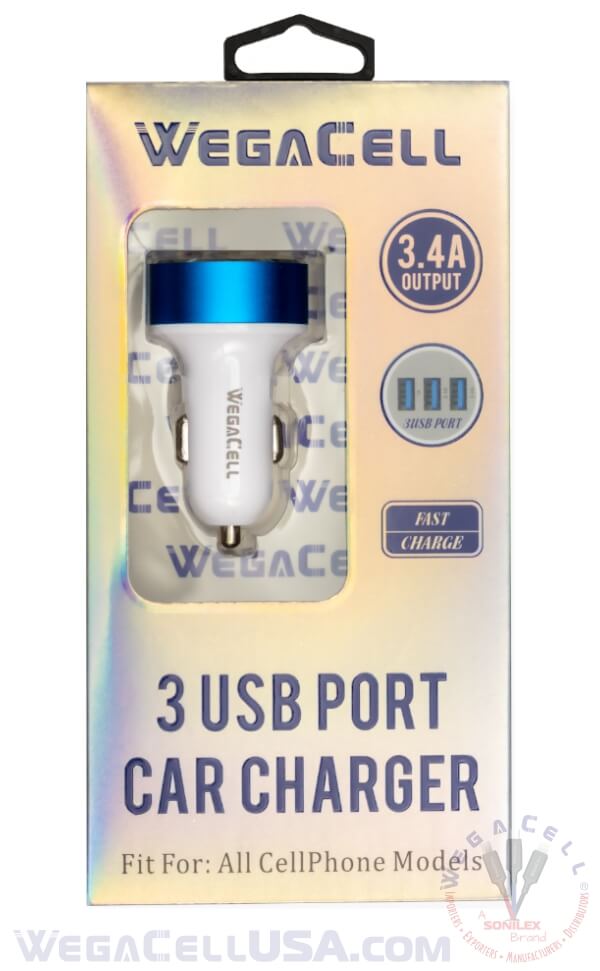 Universal Dual Port Fast Charging USB - Car Charger - Wholesale Pkg. WegaCell: WL-3USB47-DCH