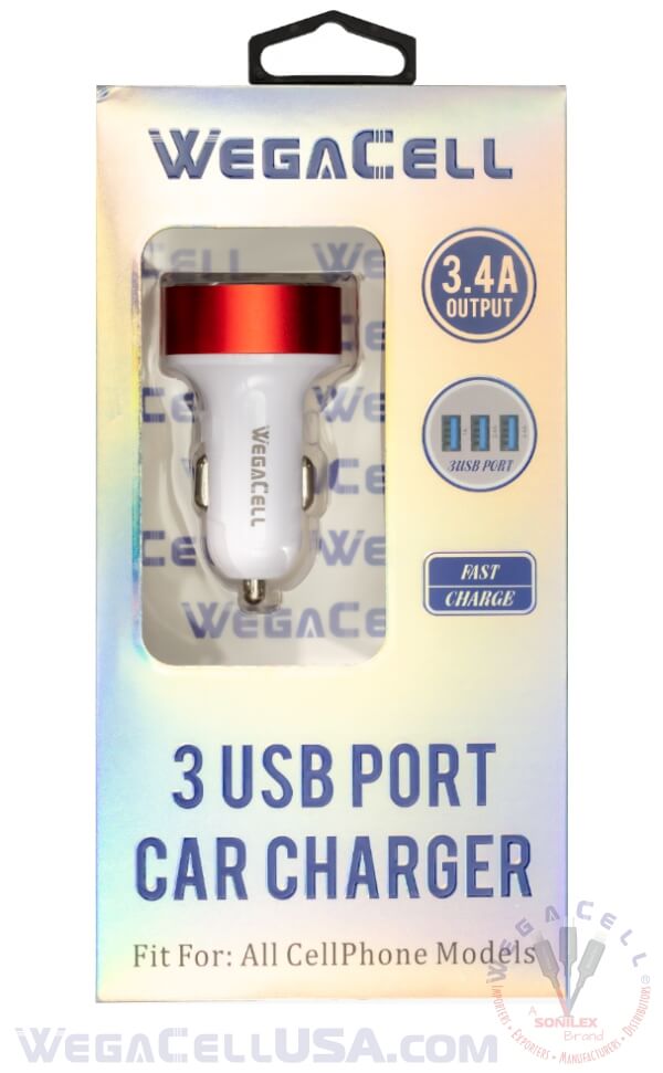 Universal Dual Port Fast Charging USB - Car Charger - Wholesale Pkg. WegaCell: WL-3USB47-DCH