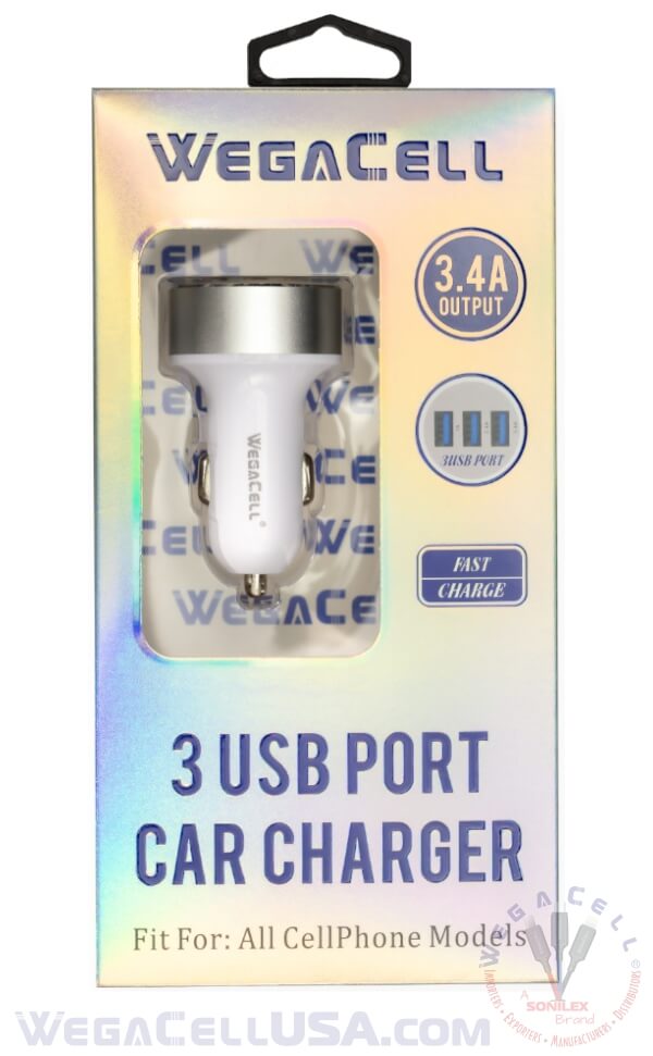 Universal Dual Port Fast Charging USB - Car Charger - Wholesale Pkg. WegaCell: WL-3USB47-DCH