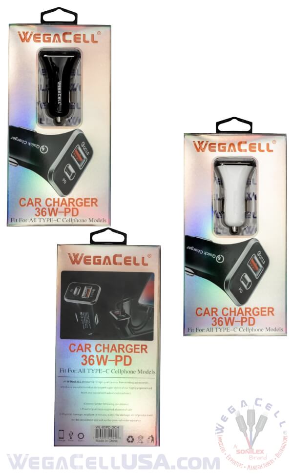 Universal Dual Port Fast Charging USB - Car Charger - Wholesale Pkg WegaCell: WL-80PD-DCH