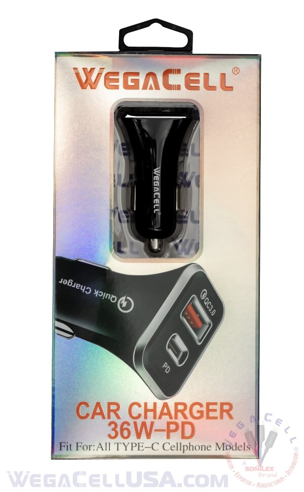 Universal Dual Port Fast Charging USB - Car Charger - Wholesale Pkg WegaCell: WL-80PD-DCH