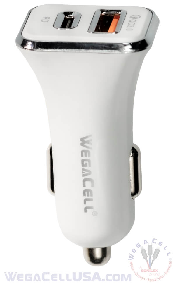 Universal Dual Port Fast Charging USB - Car Charger - Wholesale Pkg WegaCell: WL-80PD-DCH