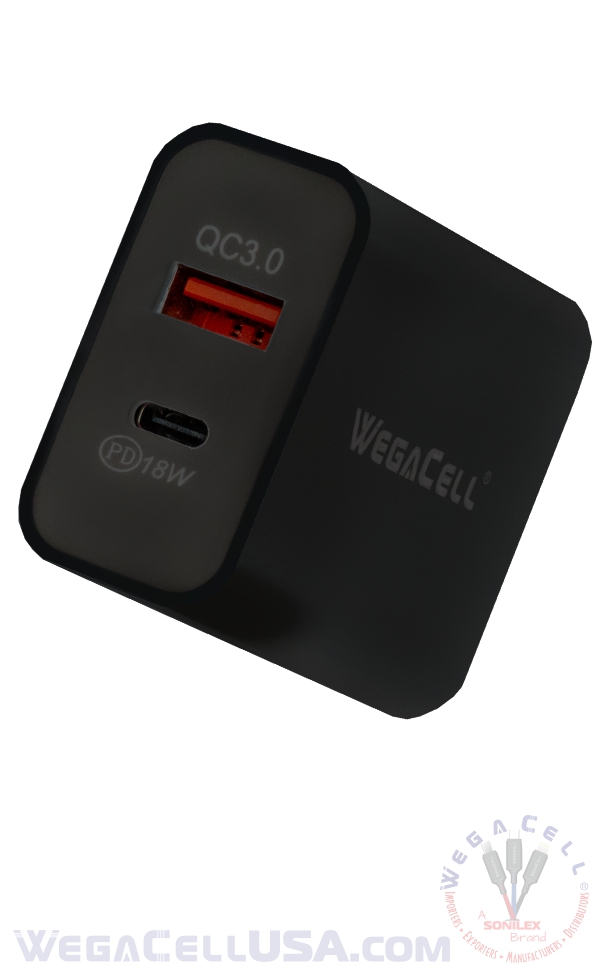 Universal Dual Port Fast Charging USB Home Wall Charger - Wholesale Pkg. WegaCell: WL-59PD-HC